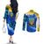 Trident Emblem Ukraine Couples Matching Off The Shoulder Long Sleeve Dress and Long Sleeve Button Shirt with Blue Sunflowers and Flag Colors Design