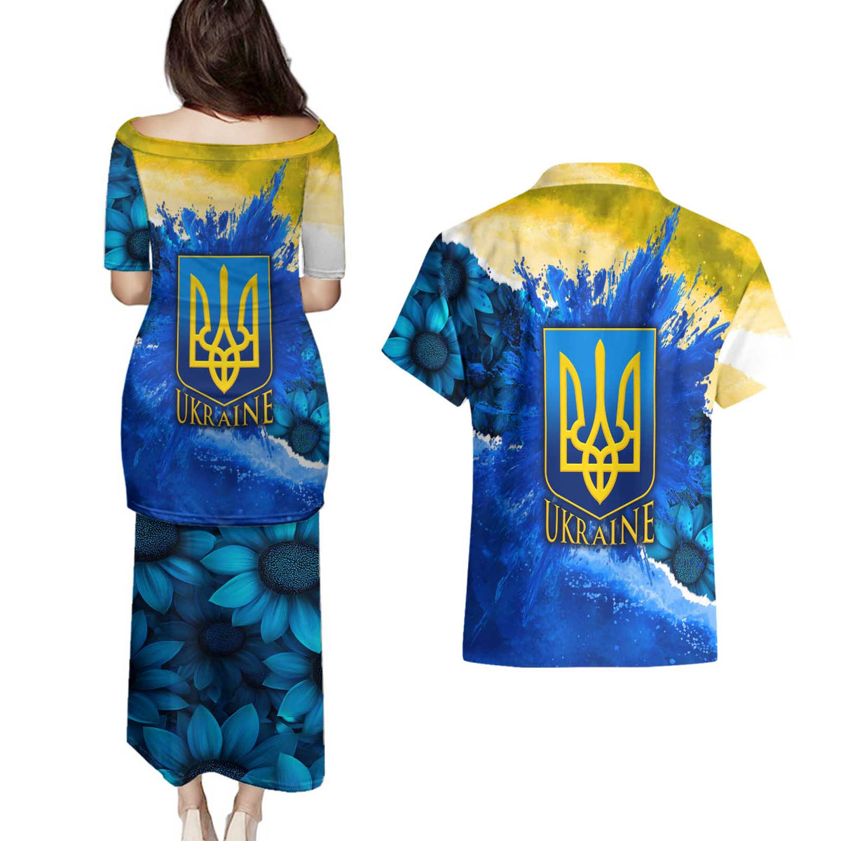 Trident Emblem Ukraine Couples Matching Puletasi and Hawaiian Shirt with Blue Sunflowers and Flag Colors Design