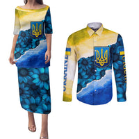 Trident Emblem Ukraine Couples Matching Puletasi and Long Sleeve Button Shirt with Blue Sunflowers and Flag Colors Design