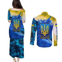 Trident Emblem Ukraine Couples Matching Puletasi and Long Sleeve Button Shirt with Blue Sunflowers and Flag Colors Design