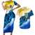 Trident Emblem Ukraine Couples Matching Short Sleeve Bodycon Dress and Hawaiian Shirt with Blue Sunflowers and Flag Colors Design