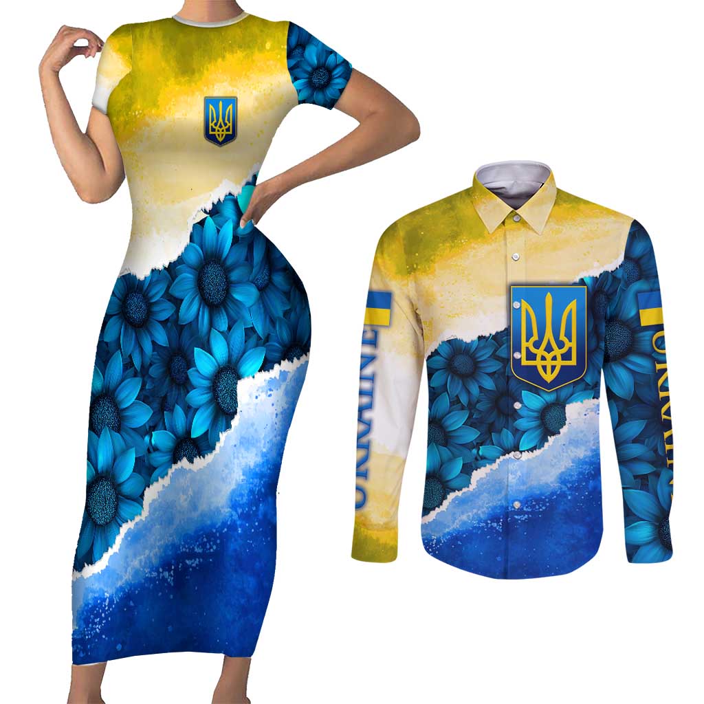Trident Emblem Ukraine Couples Matching Short Sleeve Bodycon Dress and Long Sleeve Button Shirt with Blue Sunflowers and Flag Colors Design
