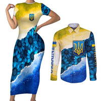 Trident Emblem Ukraine Couples Matching Short Sleeve Bodycon Dress and Long Sleeve Button Shirt with Blue Sunflowers and Flag Colors Design