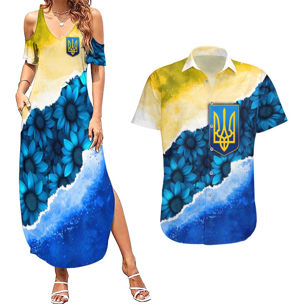 Trident Emblem Ukraine Couples Matching Summer Maxi Dress and Hawaiian Shirt with Blue Sunflowers and Flag Colors Design