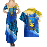 Trident Emblem Ukraine Couples Matching Summer Maxi Dress and Hawaiian Shirt with Blue Sunflowers and Flag Colors Design