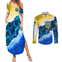 Trident Emblem Ukraine Couples Matching Summer Maxi Dress and Long Sleeve Button Shirt with Blue Sunflowers and Flag Colors Design