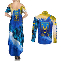 Trident Emblem Ukraine Couples Matching Summer Maxi Dress and Long Sleeve Button Shirt with Blue Sunflowers and Flag Colors Design