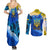 Trident Emblem Ukraine Couples Matching Summer Maxi Dress and Long Sleeve Button Shirt with Blue Sunflowers and Flag Colors Design