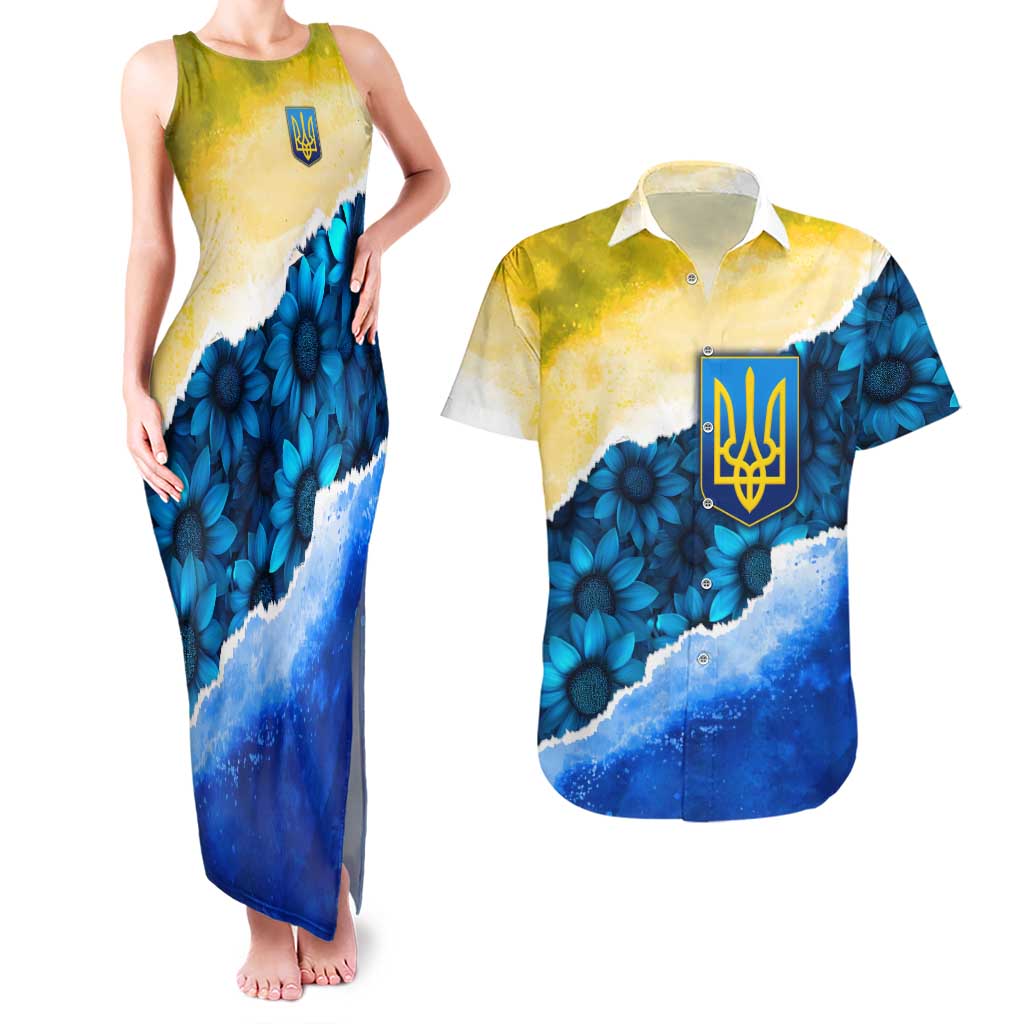Trident Emblem Ukraine Couples Matching Tank Maxi Dress and Hawaiian Shirt with Blue Sunflowers and Flag Colors Design