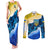 Trident Emblem Ukraine Couples Matching Tank Maxi Dress and Long Sleeve Button Shirt with Blue Sunflowers and Flag Colors Design