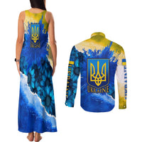 Trident Emblem Ukraine Couples Matching Tank Maxi Dress and Long Sleeve Button Shirt with Blue Sunflowers and Flag Colors Design