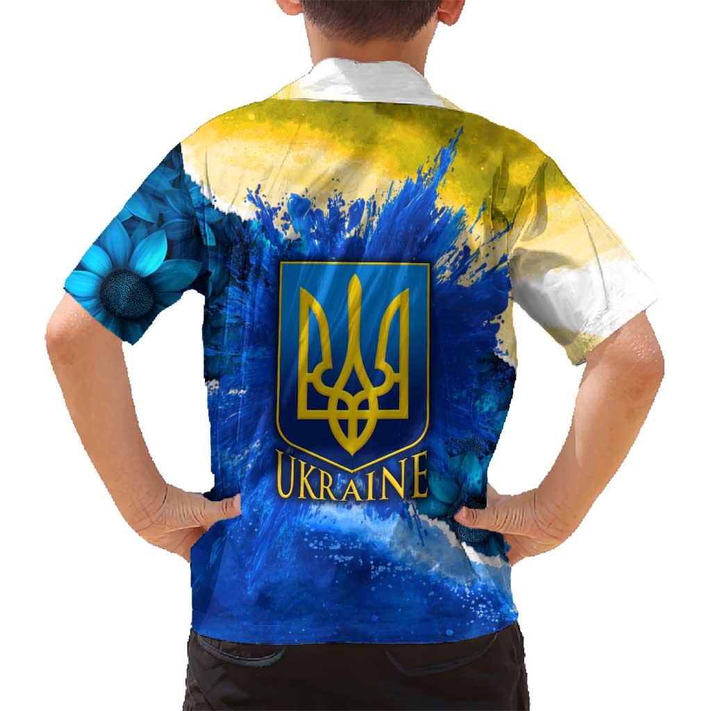 Trident Emblem Ukraine Family Matching Long Sleeve Bodycon Dress and Hawaiian Shirt with Blue Sunflowers and Flag Colors Design