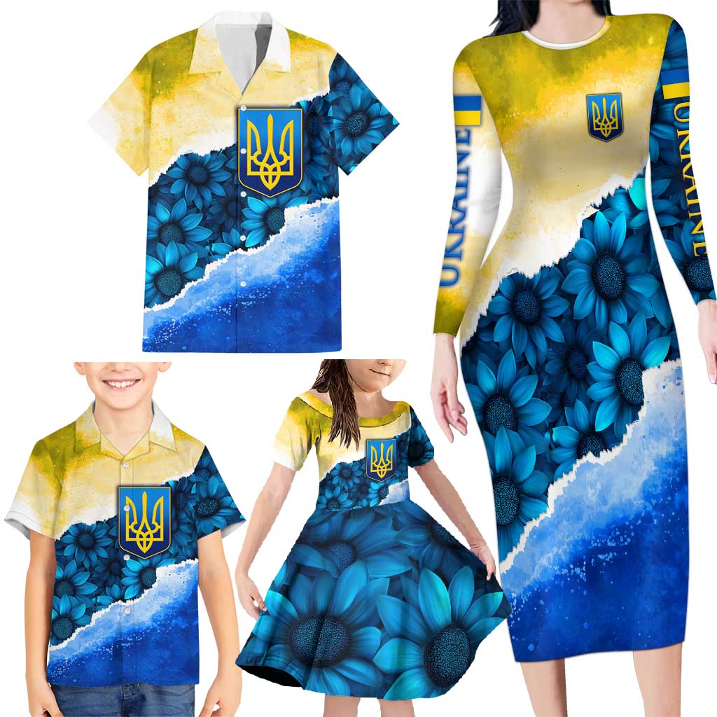 Trident Emblem Ukraine Family Matching Long Sleeve Bodycon Dress and Hawaiian Shirt with Blue Sunflowers and Flag Colors Design