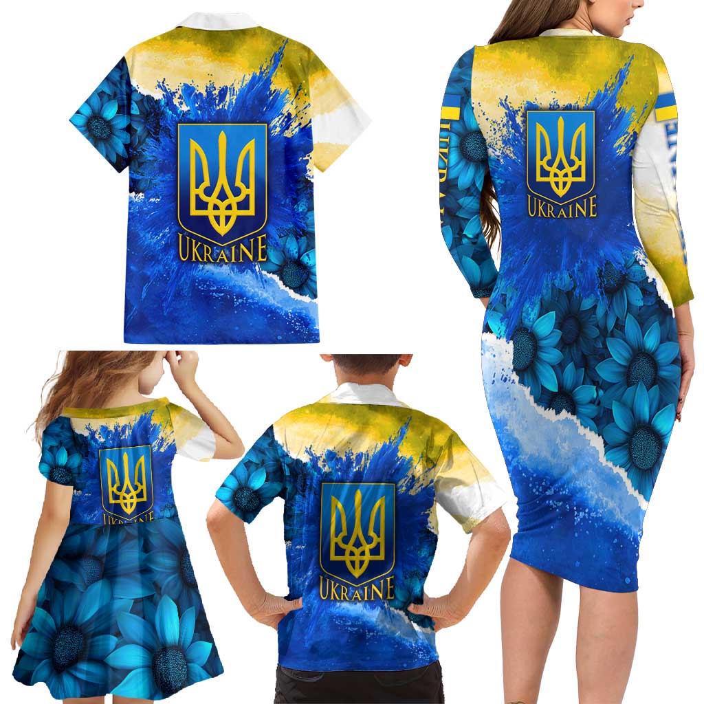 Trident Emblem Ukraine Family Matching Long Sleeve Bodycon Dress and Hawaiian Shirt with Blue Sunflowers and Flag Colors Design