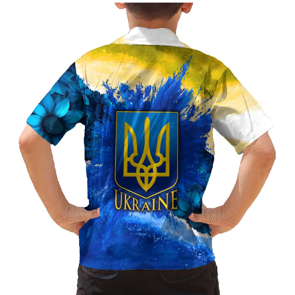 Trident Emblem Ukraine Family Matching Mermaid Dress and Hawaiian Shirt with Blue Sunflowers and Flag Colors Design