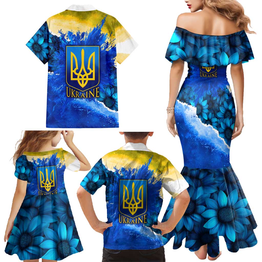Trident Emblem Ukraine Family Matching Mermaid Dress and Hawaiian Shirt with Blue Sunflowers and Flag Colors Design
