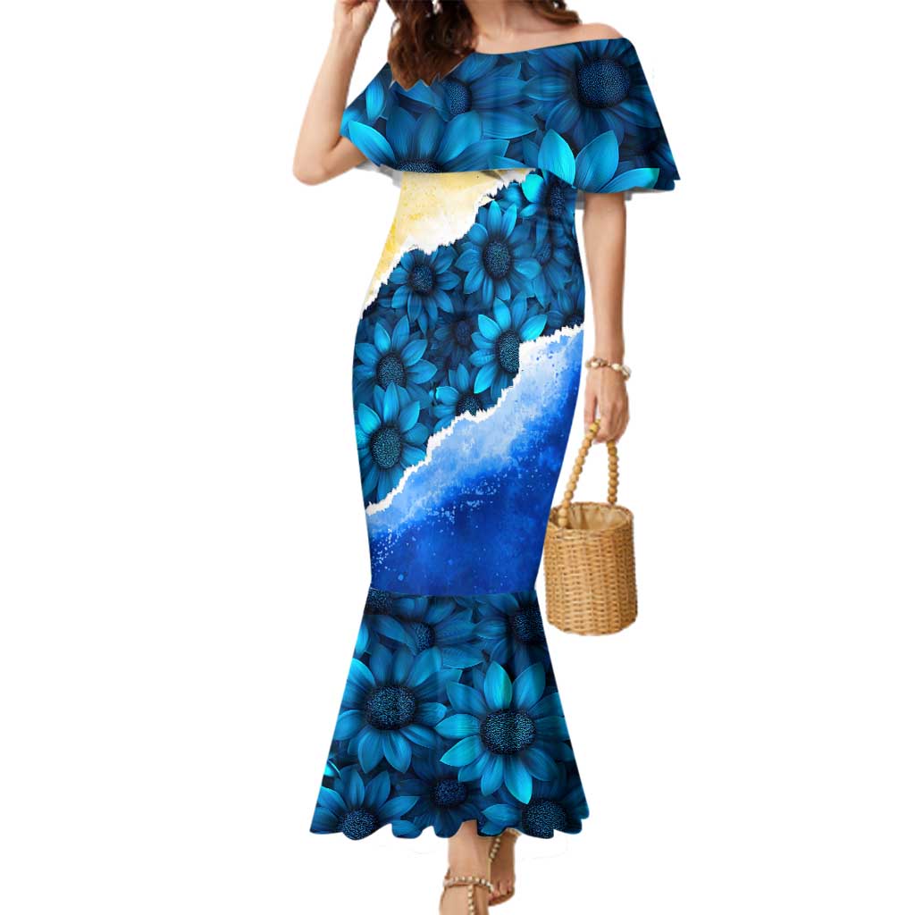 Trident Emblem Ukraine Family Matching Mermaid Dress and Hawaiian Shirt with Blue Sunflowers and Flag Colors Design