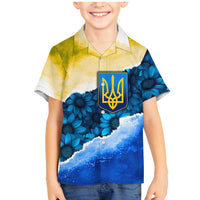 Trident Emblem Ukraine Family Matching Mermaid Dress and Hawaiian Shirt with Blue Sunflowers and Flag Colors Design