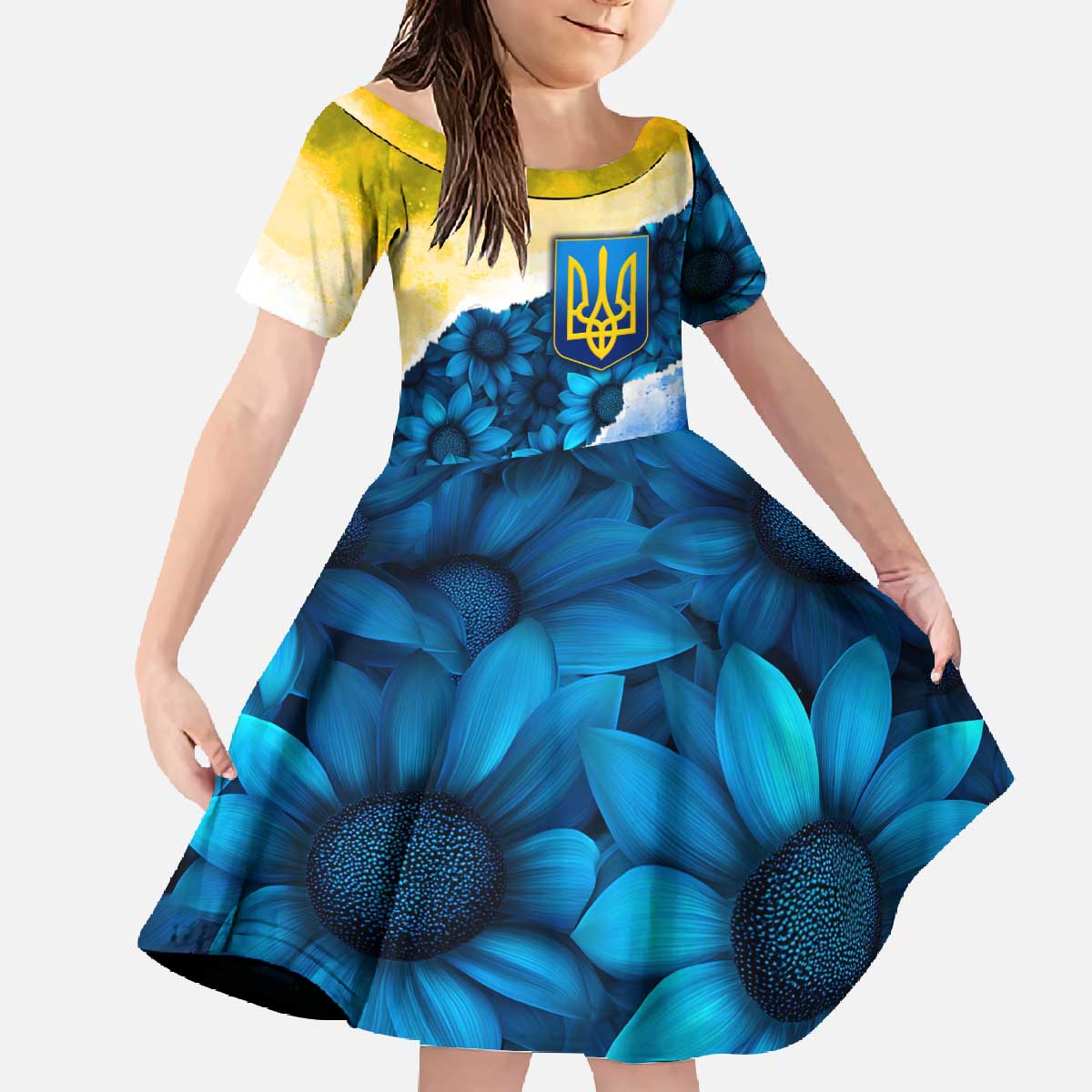 Trident Emblem Ukraine Family Matching Off The Shoulder Long Sleeve Dress and Hawaiian Shirt with Blue Sunflowers and Flag Colors Design