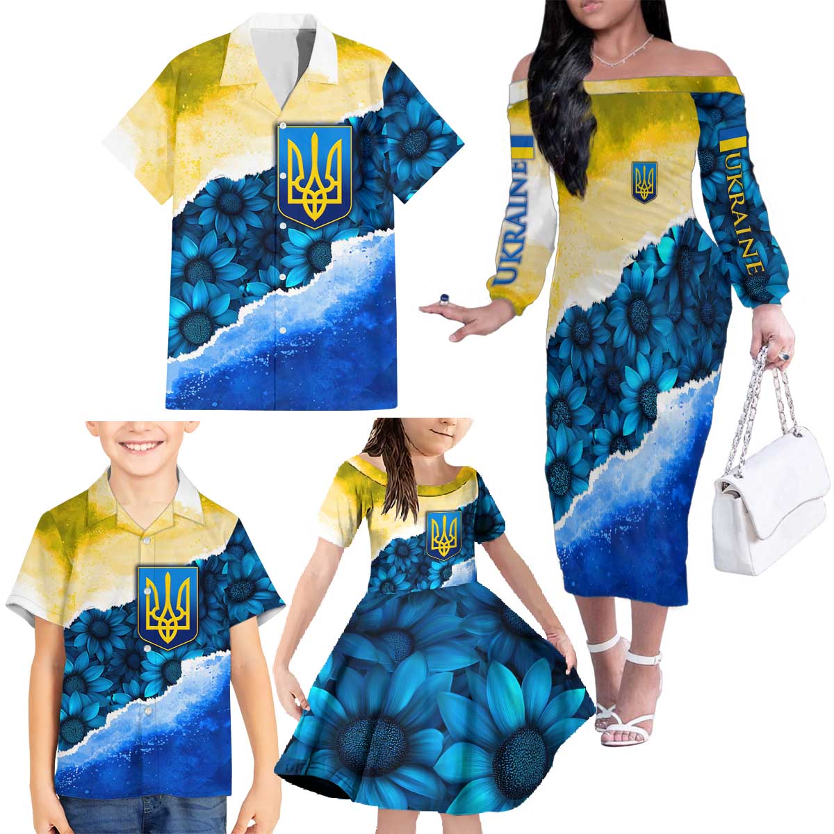 Trident Emblem Ukraine Family Matching Off The Shoulder Long Sleeve Dress and Hawaiian Shirt with Blue Sunflowers and Flag Colors Design