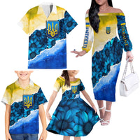 Trident Emblem Ukraine Family Matching Off The Shoulder Long Sleeve Dress and Hawaiian Shirt with Blue Sunflowers and Flag Colors Design