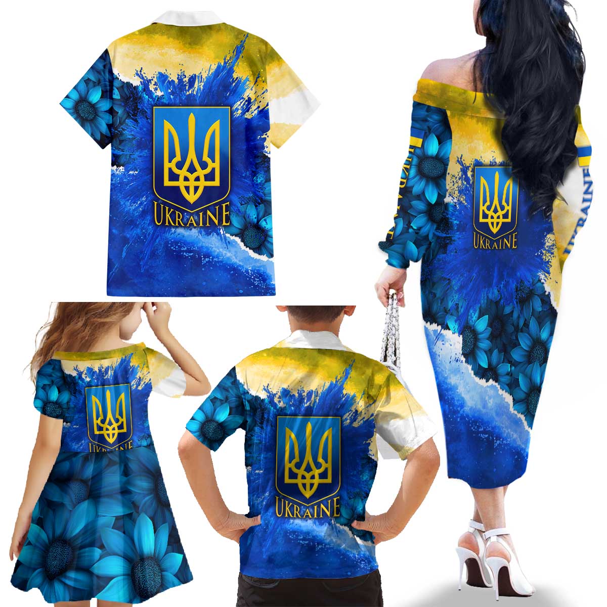 Trident Emblem Ukraine Family Matching Off The Shoulder Long Sleeve Dress and Hawaiian Shirt with Blue Sunflowers and Flag Colors Design