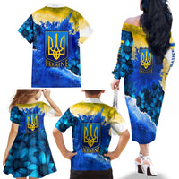 Trident Emblem Ukraine Family Matching Off The Shoulder Long Sleeve Dress and Hawaiian Shirt with Blue Sunflowers and Flag Colors Design