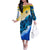 Trident Emblem Ukraine Family Matching Off The Shoulder Long Sleeve Dress and Hawaiian Shirt with Blue Sunflowers and Flag Colors Design