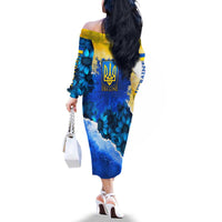 Trident Emblem Ukraine Family Matching Off The Shoulder Long Sleeve Dress and Hawaiian Shirt with Blue Sunflowers and Flag Colors Design