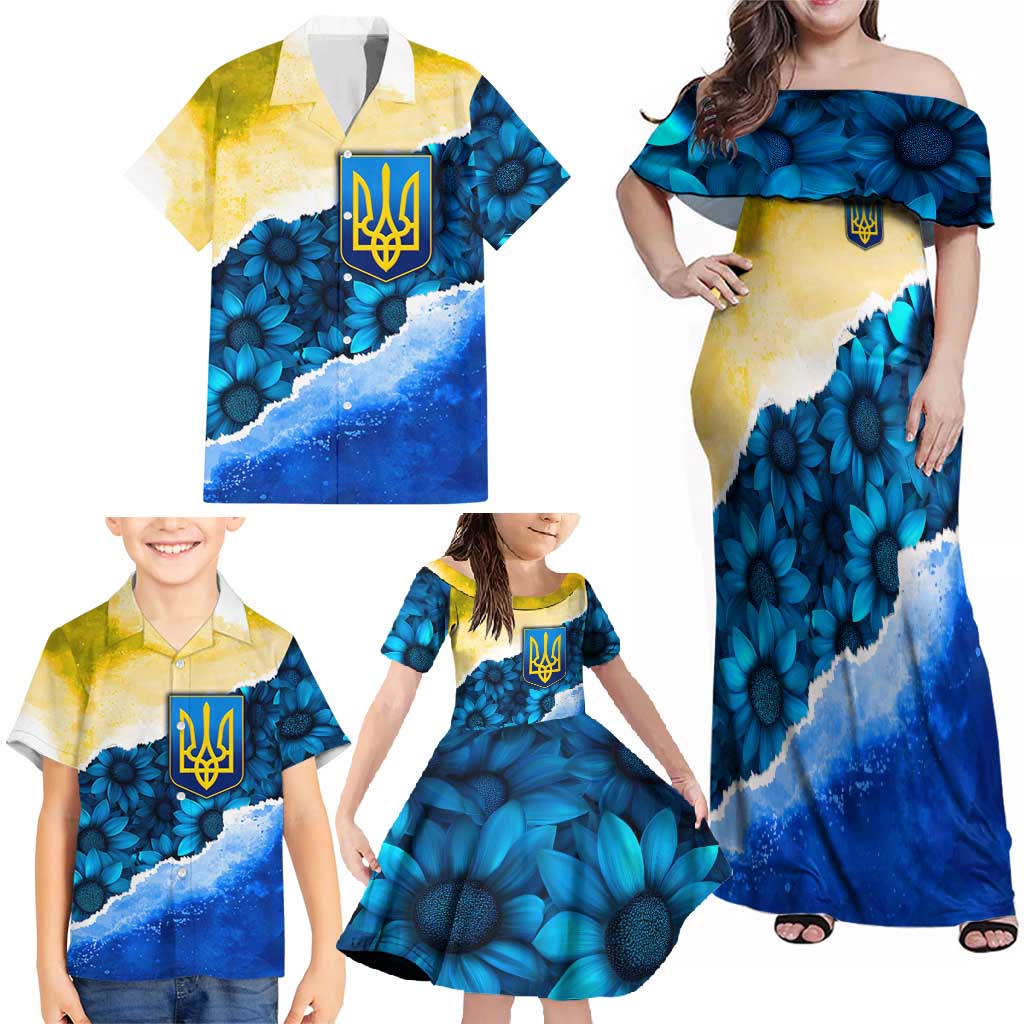 Trident Emblem Ukraine Family Matching Off Shoulder Maxi Dress and Hawaiian Shirt with Blue Sunflowers and Flag Colors Design