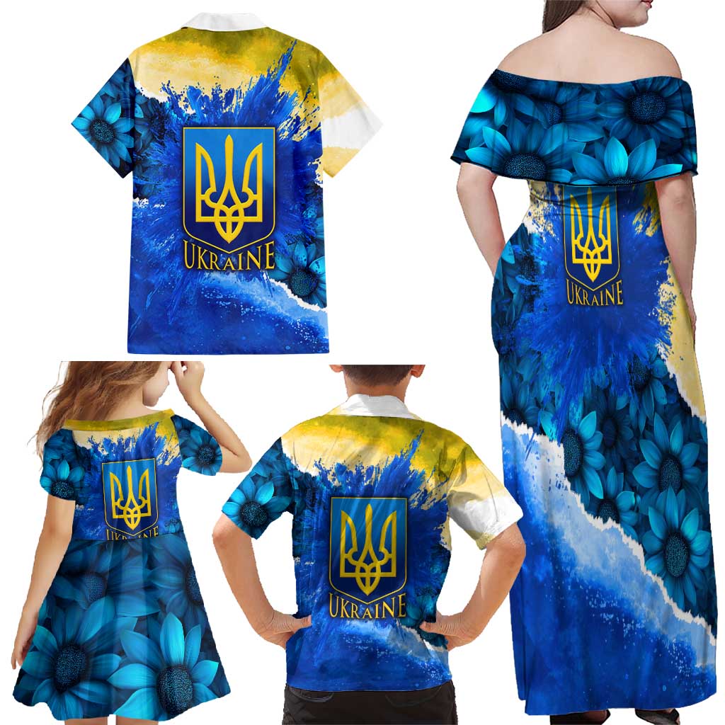 Trident Emblem Ukraine Family Matching Off Shoulder Maxi Dress and Hawaiian Shirt with Blue Sunflowers and Flag Colors Design