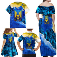 Trident Emblem Ukraine Family Matching Off Shoulder Maxi Dress and Hawaiian Shirt with Blue Sunflowers and Flag Colors Design
