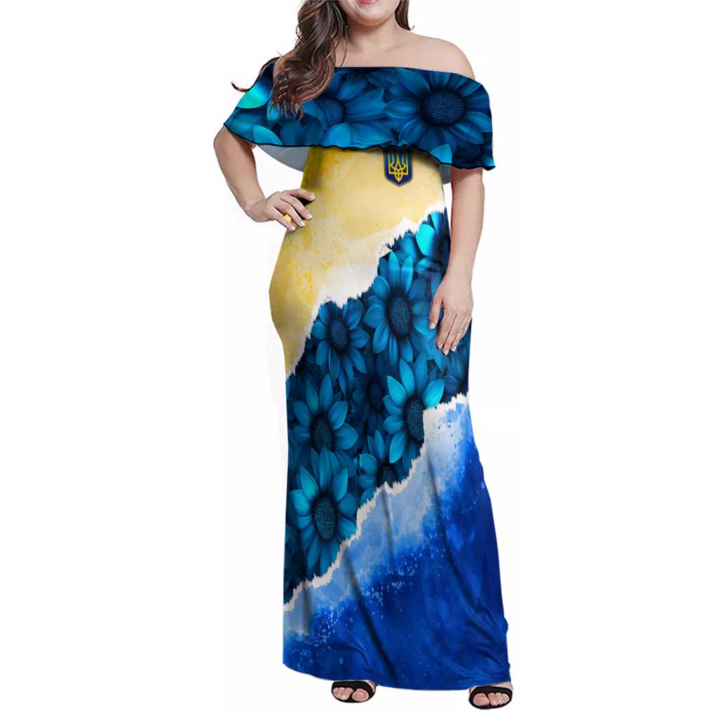 Trident Emblem Ukraine Family Matching Off Shoulder Maxi Dress and Hawaiian Shirt with Blue Sunflowers and Flag Colors Design