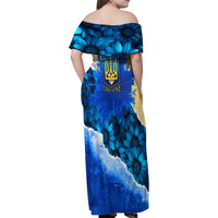 Trident Emblem Ukraine Family Matching Off Shoulder Maxi Dress and Hawaiian Shirt with Blue Sunflowers and Flag Colors Design