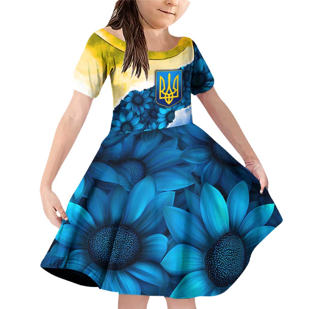 Trident Emblem Ukraine Family Matching Off Shoulder Short Dress and Hawaiian Shirt with Blue Sunflowers and Flag Colors Design