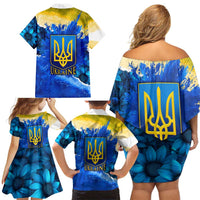 Trident Emblem Ukraine Family Matching Off Shoulder Short Dress and Hawaiian Shirt with Blue Sunflowers and Flag Colors Design