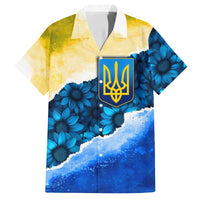 Trident Emblem Ukraine Family Matching Off Shoulder Short Dress and Hawaiian Shirt with Blue Sunflowers and Flag Colors Design