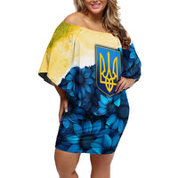 Trident Emblem Ukraine Family Matching Off Shoulder Short Dress and Hawaiian Shirt with Blue Sunflowers and Flag Colors Design