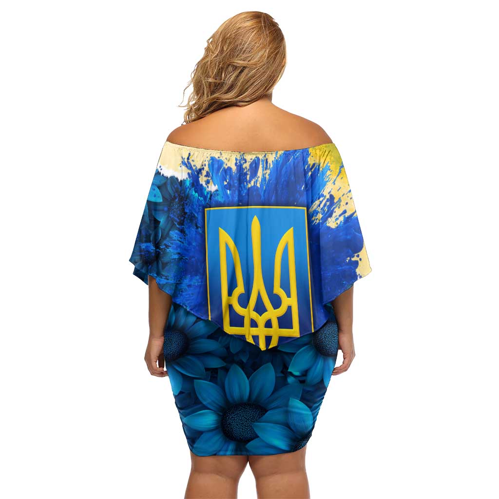 Trident Emblem Ukraine Family Matching Off Shoulder Short Dress and Hawaiian Shirt with Blue Sunflowers and Flag Colors Design