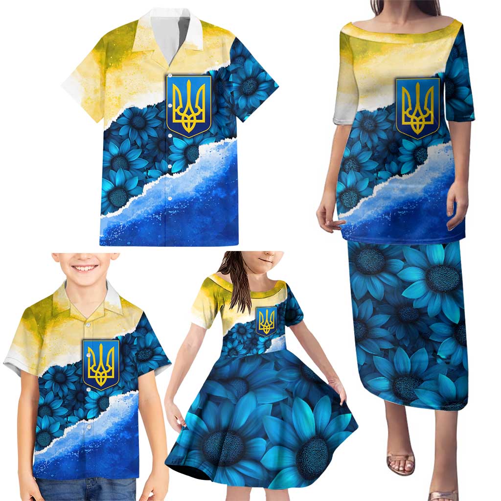 Trident Emblem Ukraine Family Matching Puletasi and Hawaiian Shirt with Blue Sunflowers and Flag Colors Design