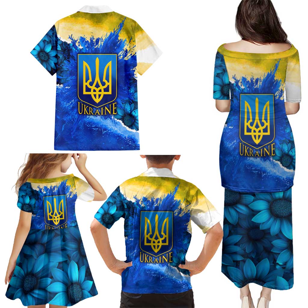 Trident Emblem Ukraine Family Matching Puletasi and Hawaiian Shirt with Blue Sunflowers and Flag Colors Design