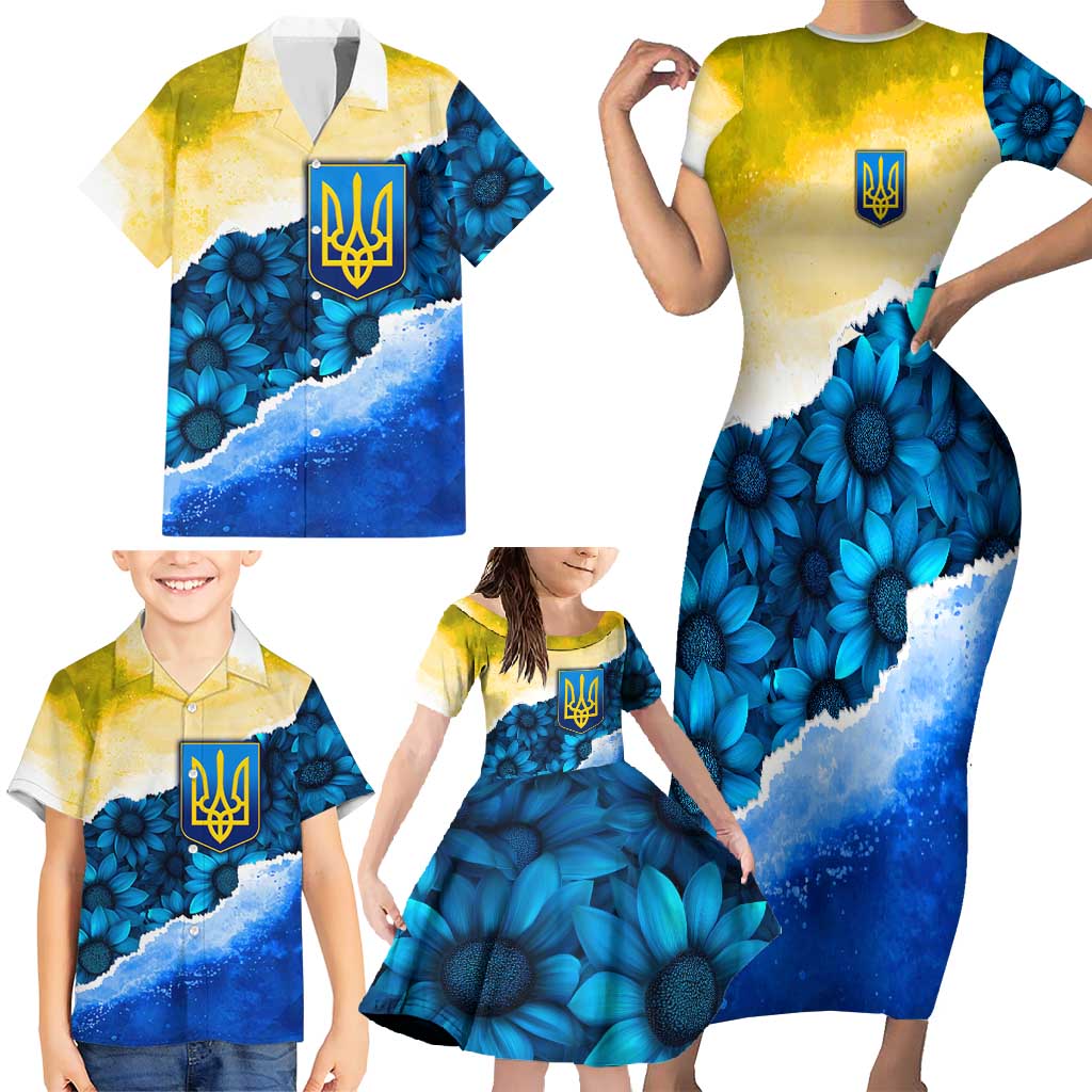 Trident Emblem Ukraine Family Matching Short Sleeve Bodycon Dress and Hawaiian Shirt with Blue Sunflowers and Flag Colors Design