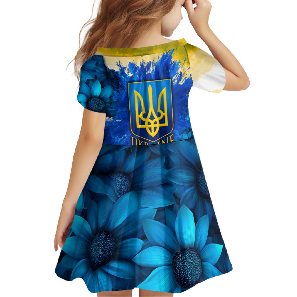 Trident Emblem Ukraine Family Matching Summer Maxi Dress and Hawaiian Shirt with Blue Sunflowers and Flag Colors Design
