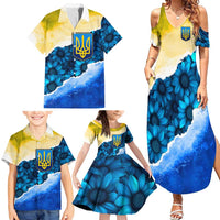Trident Emblem Ukraine Family Matching Summer Maxi Dress and Hawaiian Shirt with Blue Sunflowers and Flag Colors Design