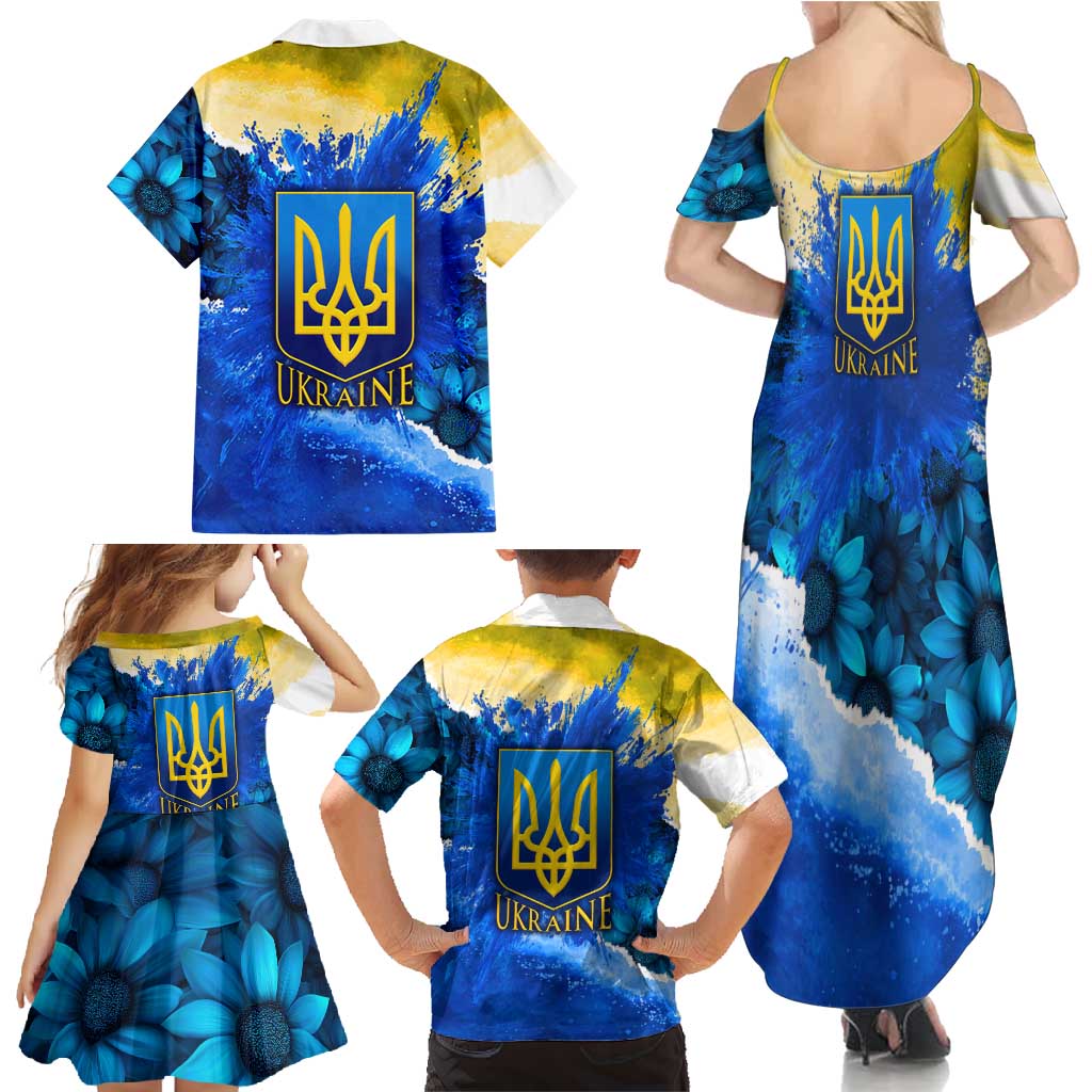 Trident Emblem Ukraine Family Matching Summer Maxi Dress and Hawaiian Shirt with Blue Sunflowers and Flag Colors Design