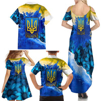 Trident Emblem Ukraine Family Matching Summer Maxi Dress and Hawaiian Shirt with Blue Sunflowers and Flag Colors Design