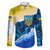 Trident Emblem Ukraine Family Matching Summer Maxi Dress and Hawaiian Shirt with Blue Sunflowers and Flag Colors Design