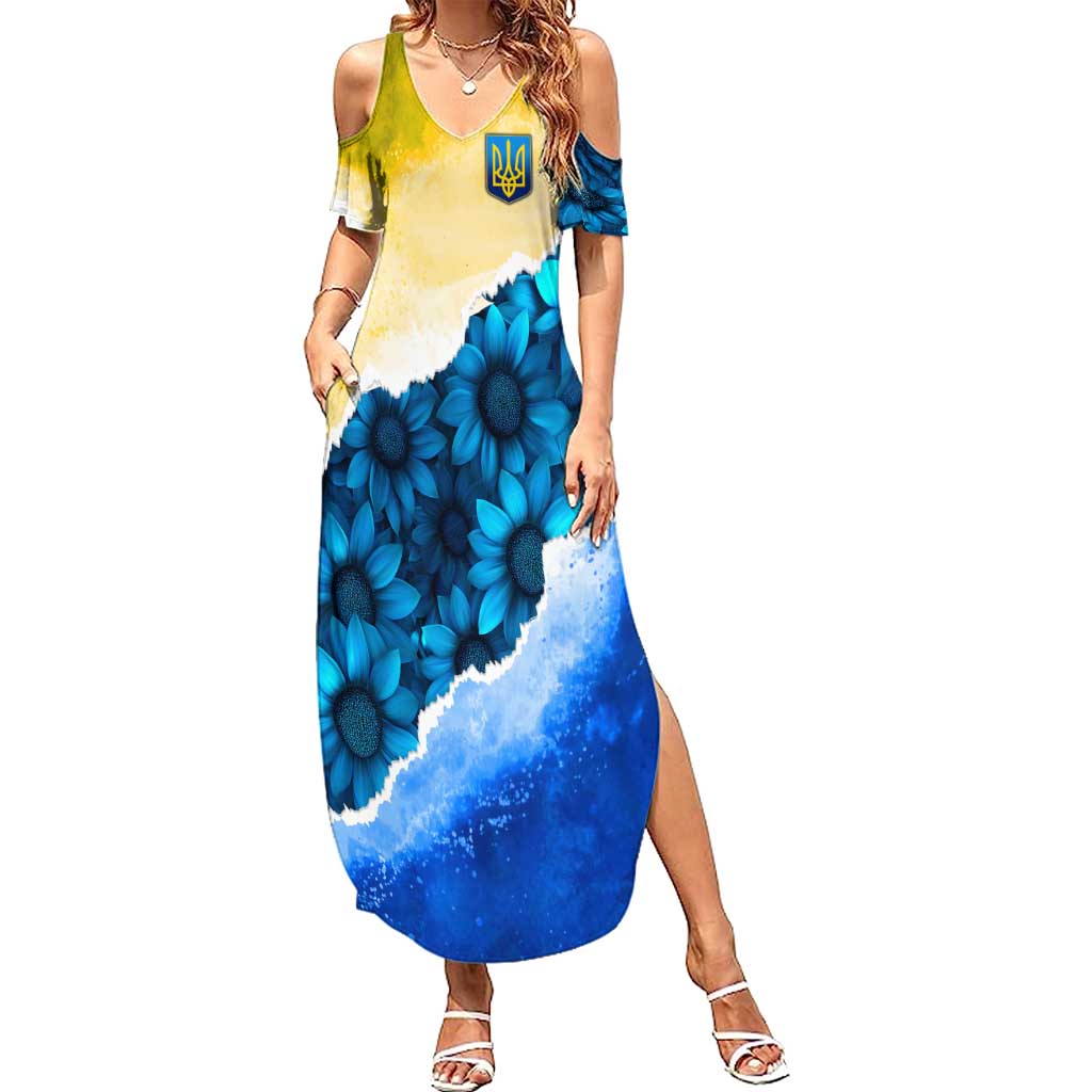 Trident Emblem Ukraine Family Matching Summer Maxi Dress and Hawaiian Shirt with Blue Sunflowers and Flag Colors Design