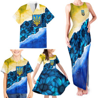 Trident Emblem Ukraine Family Matching Tank Maxi Dress and Hawaiian Shirt with Blue Sunflowers and Flag Colors Design