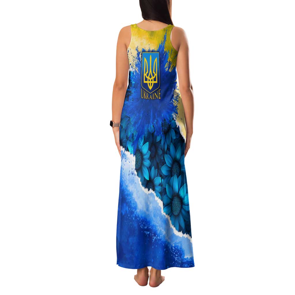 Trident Emblem Ukraine Family Matching Tank Maxi Dress and Hawaiian Shirt with Blue Sunflowers and Flag Colors Design